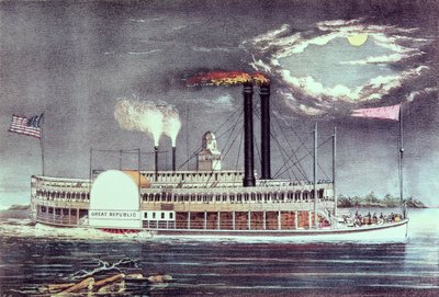 Maanlicht op de Mississippi, uitgegeven door Nathaniel Currier en James Merritt Ives door American School